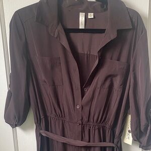 Women's Dark Brown Button-Front Shirt Dress with Waist Tie